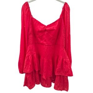 Francesca's Red Jacquard Dress Size‎ XL Long Sleeve Sweetheart Neck Ruffle Hem